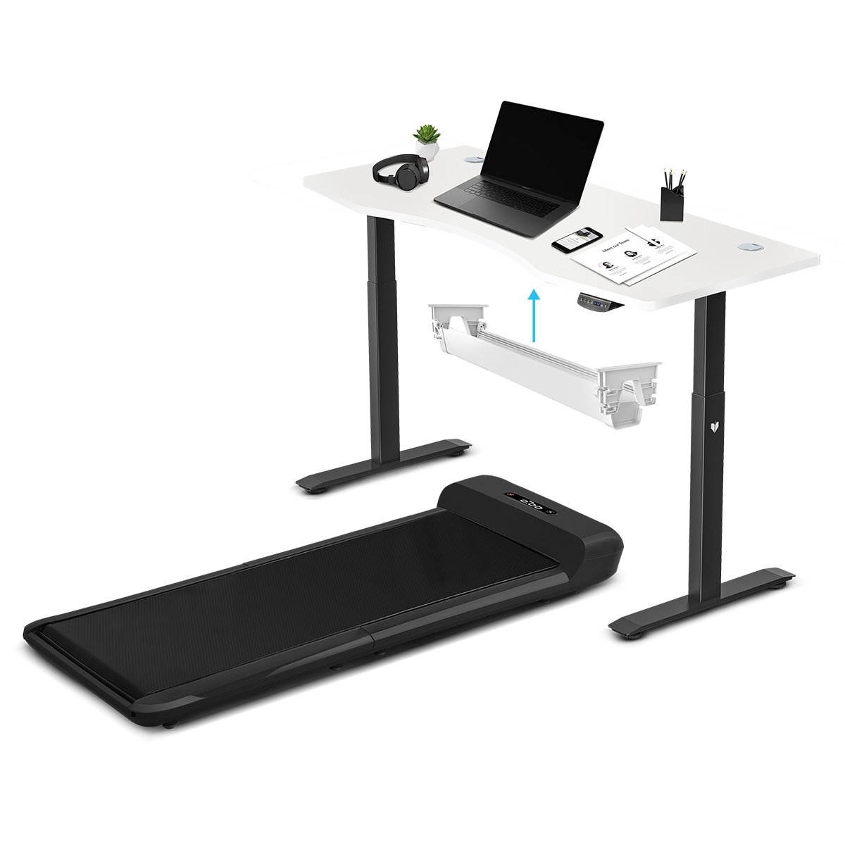 WalkingPad C2 Black with 150cm Dual Motor Automatic Standing Desk in White and Cable Management Tray