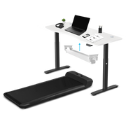 WalkingPad C2 Black with 150cm Dual Motor Automatic Standing Desk in White and Cable Management Tray